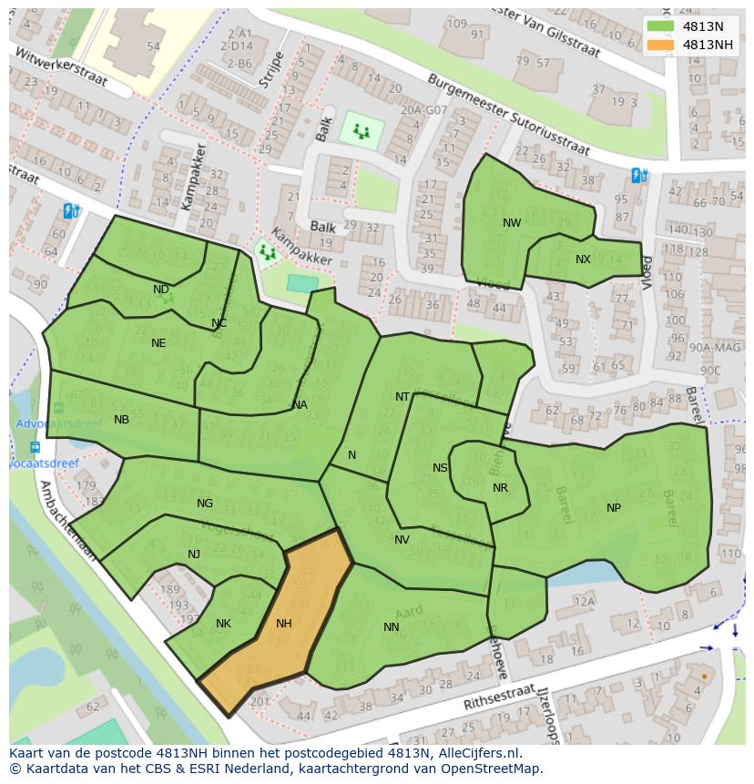 Afbeelding van het postcodegebied 4813 NH op de kaart.
