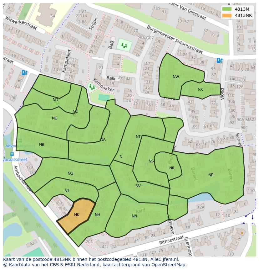 Afbeelding van het postcodegebied 4813 NK op de kaart.