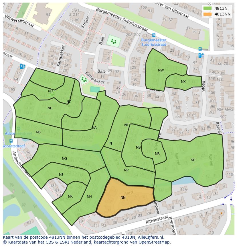 Afbeelding van het postcodegebied 4813 NN op de kaart.