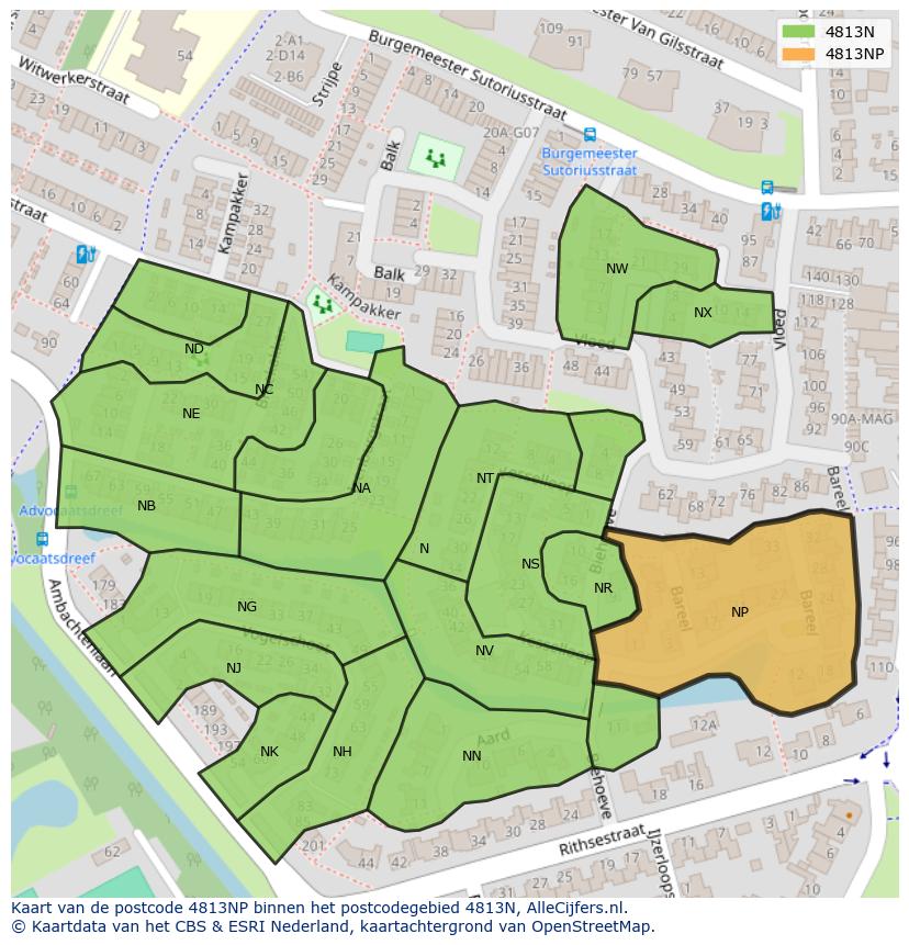 Afbeelding van het postcodegebied 4813 NP op de kaart.