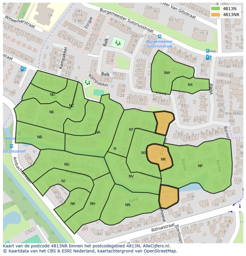 Afbeelding van het postcodegebied 4813 NR op de kaart.