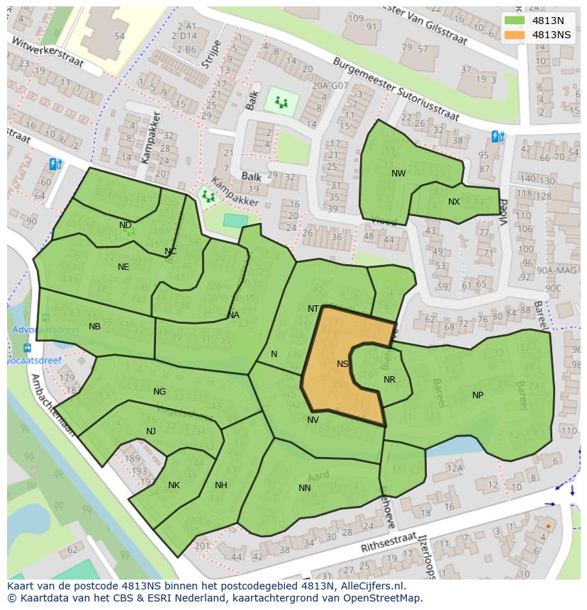 Afbeelding van het postcodegebied 4813 NS op de kaart.