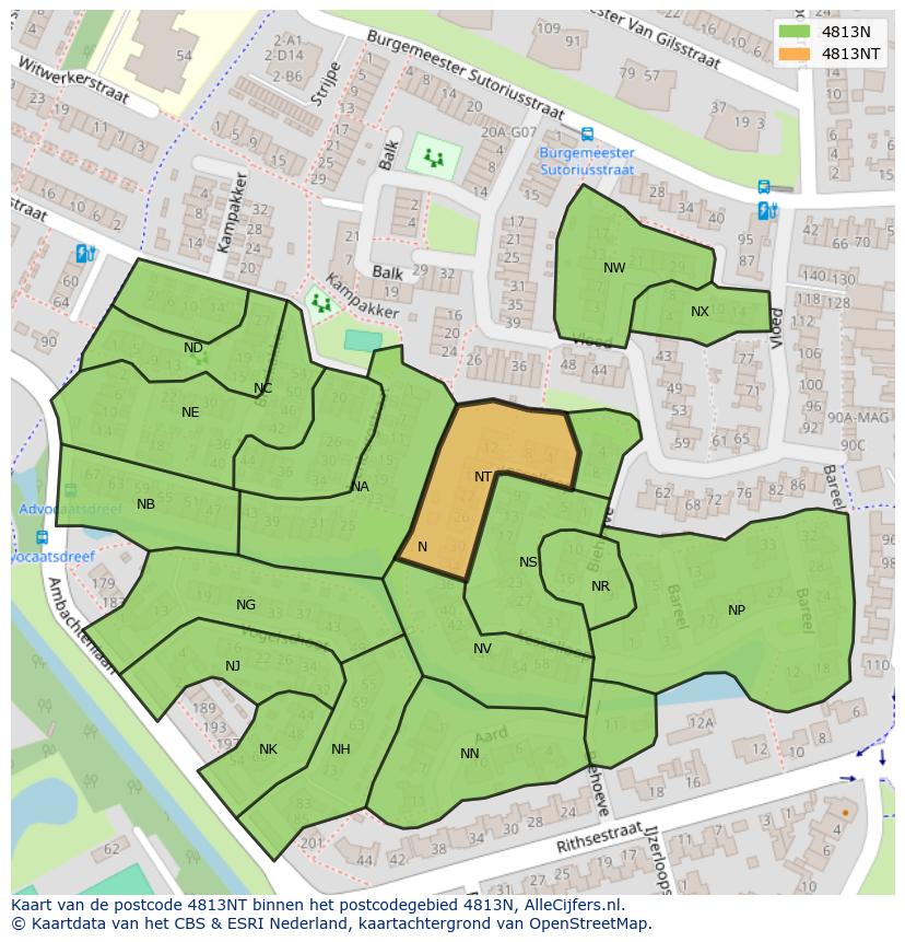 Afbeelding van het postcodegebied 4813 NT op de kaart.