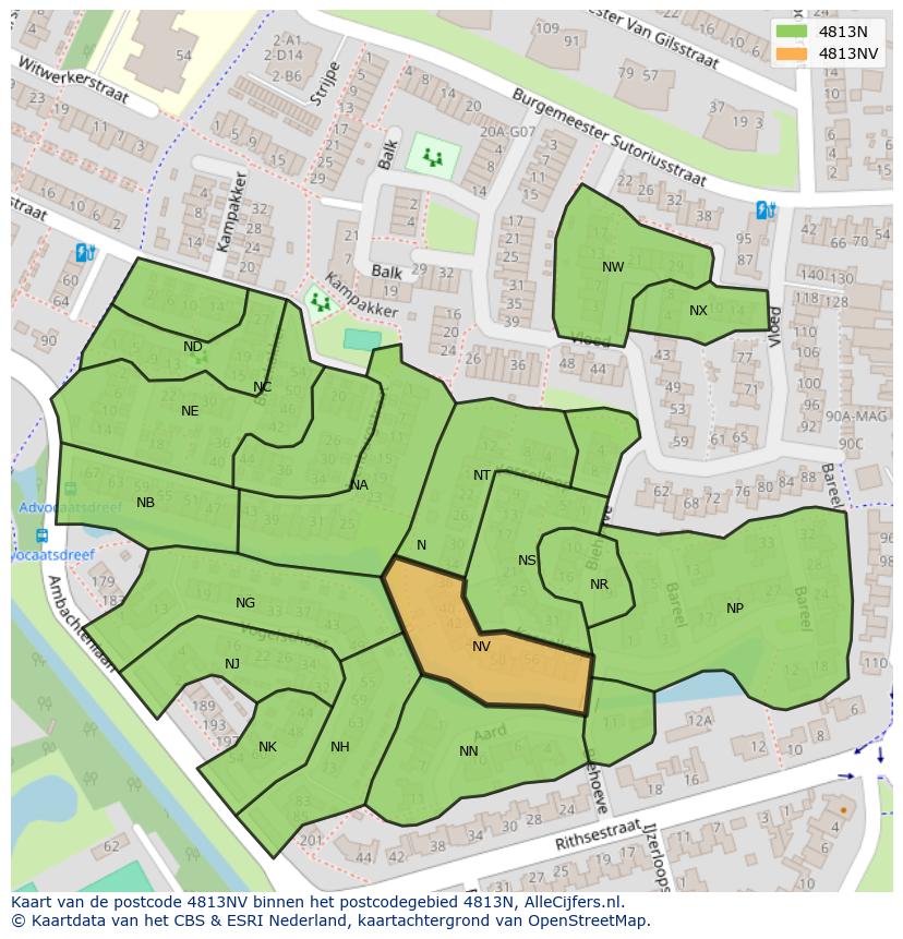Afbeelding van het postcodegebied 4813 NV op de kaart.