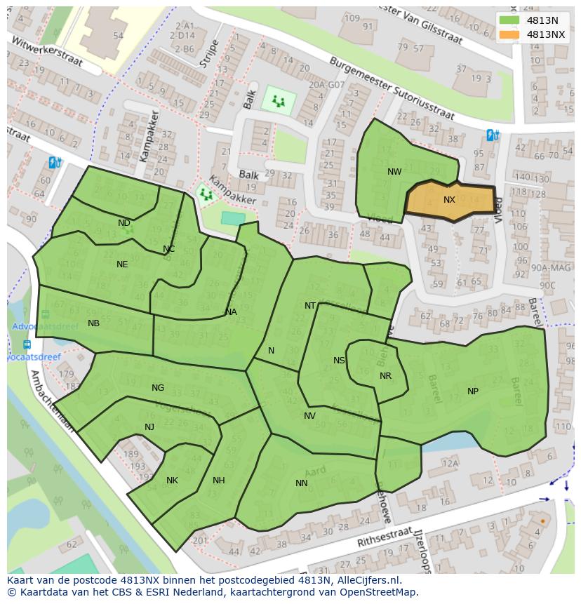 Afbeelding van het postcodegebied 4813 NX op de kaart.