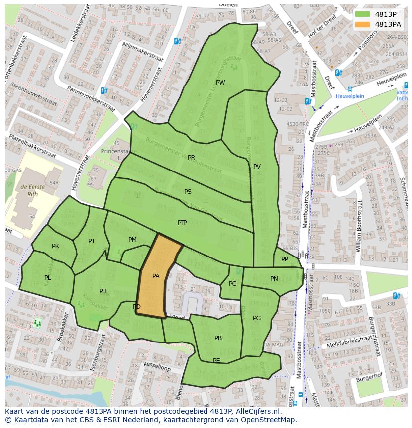 Afbeelding van het postcodegebied 4813 PA op de kaart.
