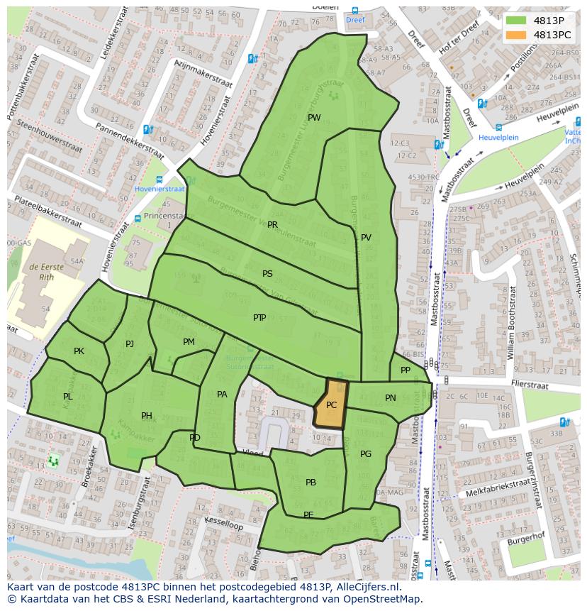 Afbeelding van het postcodegebied 4813 PC op de kaart.