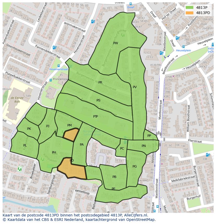 Afbeelding van het postcodegebied 4813 PD op de kaart.
