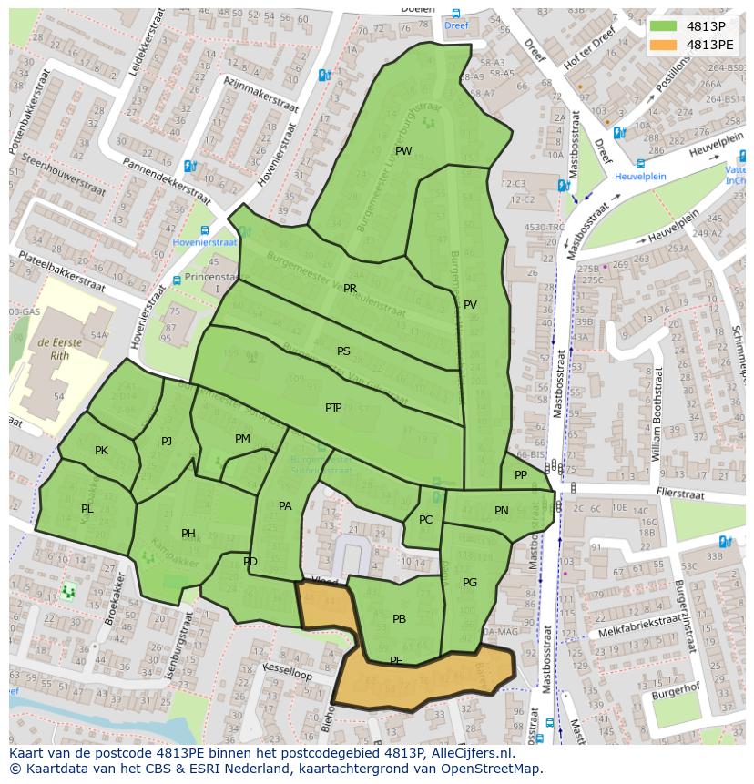 Afbeelding van het postcodegebied 4813 PE op de kaart.