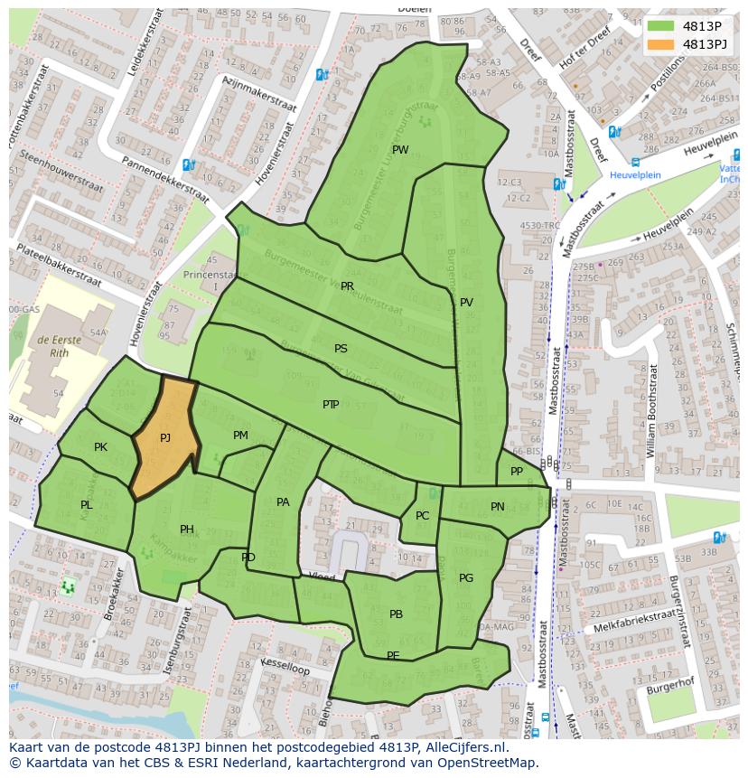 Afbeelding van het postcodegebied 4813 PJ op de kaart.