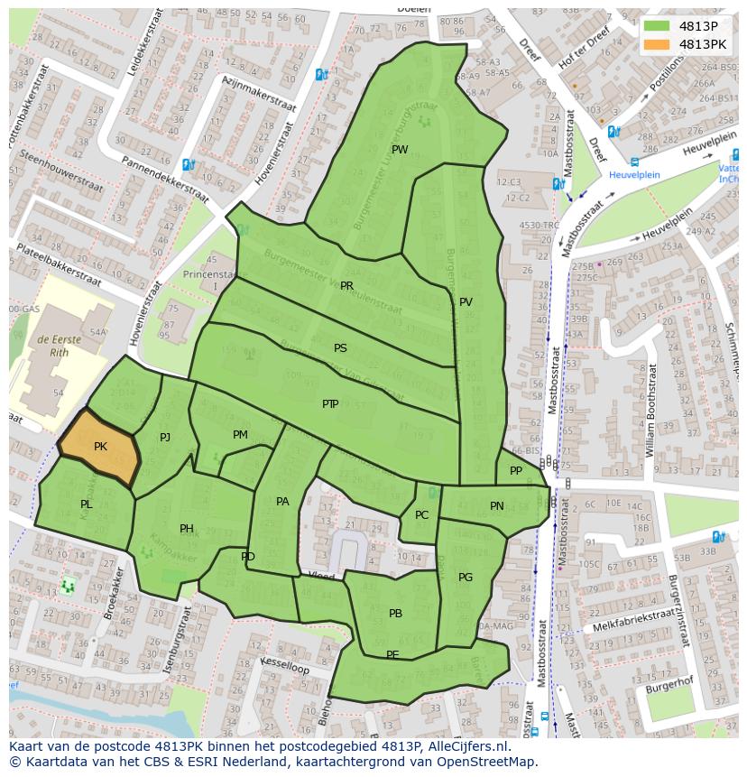 Afbeelding van het postcodegebied 4813 PK op de kaart.