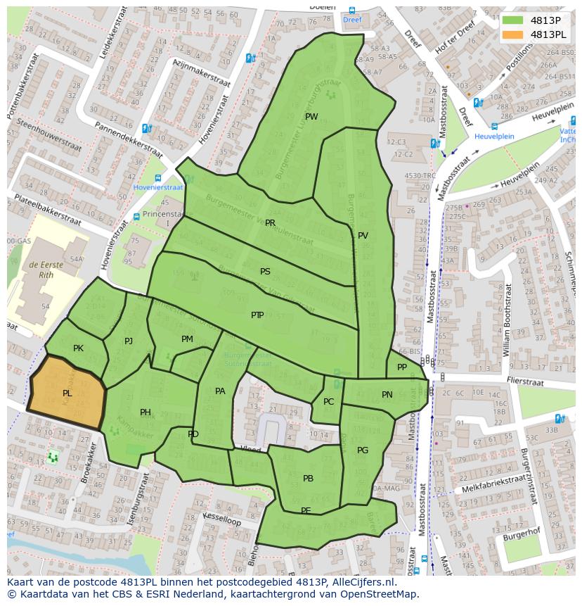 Afbeelding van het postcodegebied 4813 PL op de kaart.