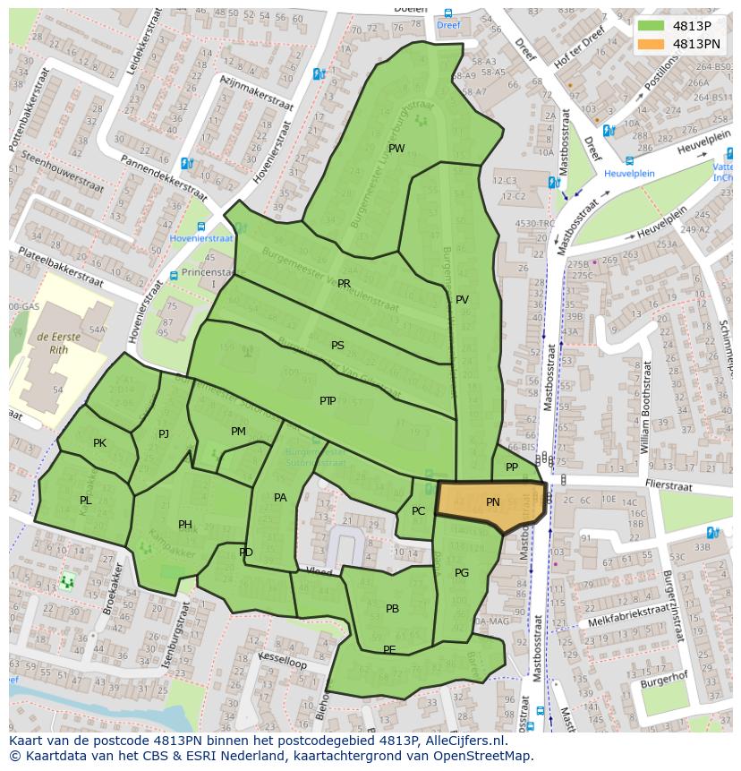 Afbeelding van het postcodegebied 4813 PN op de kaart.