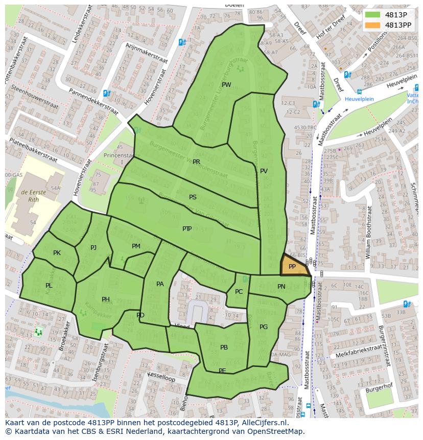Afbeelding van het postcodegebied 4813 PP op de kaart.