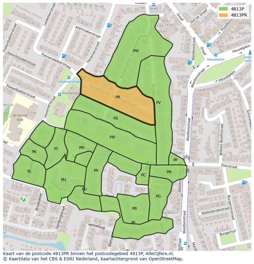 Afbeelding van het postcodegebied 4813 PR op de kaart.