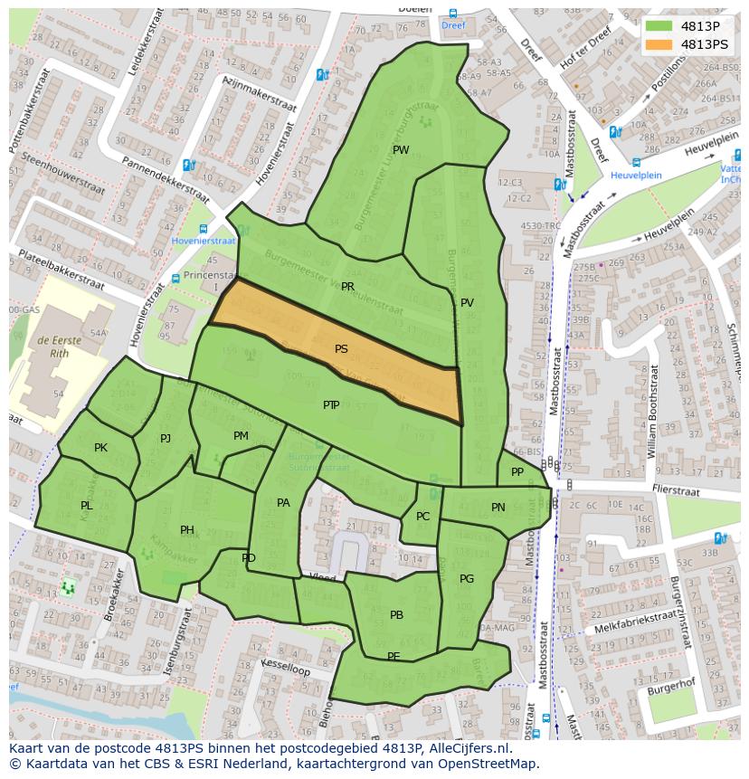 Afbeelding van het postcodegebied 4813 PS op de kaart.
