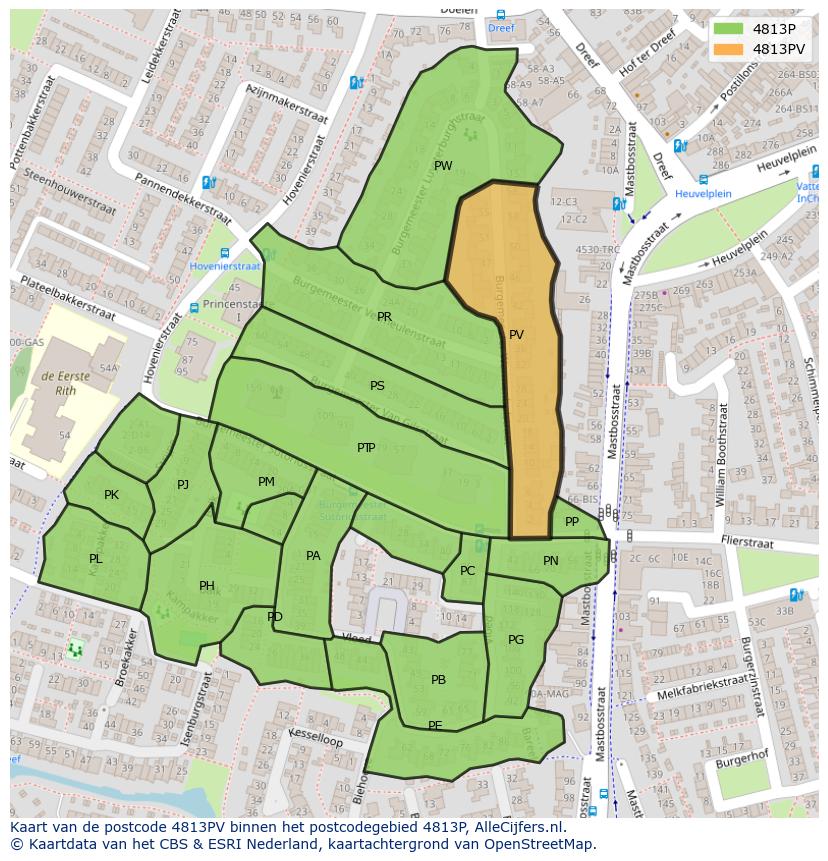 Afbeelding van het postcodegebied 4813 PV op de kaart.