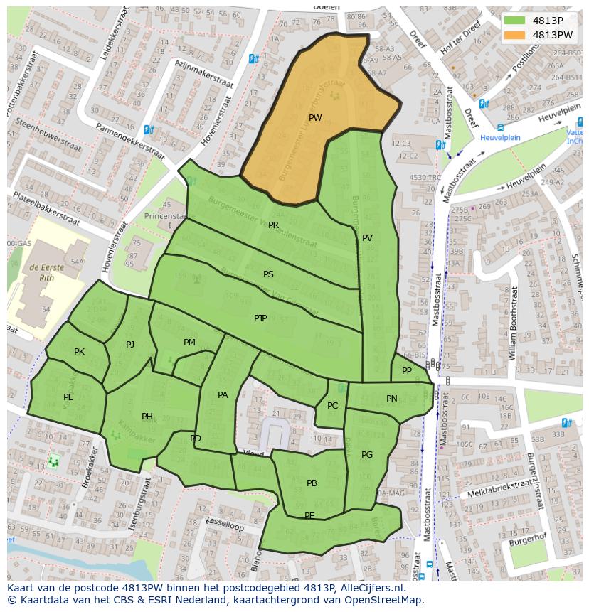 Afbeelding van het postcodegebied 4813 PW op de kaart.