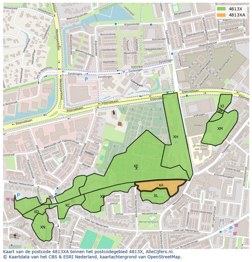 Afbeelding van het postcodegebied 4813 XA op de kaart.
