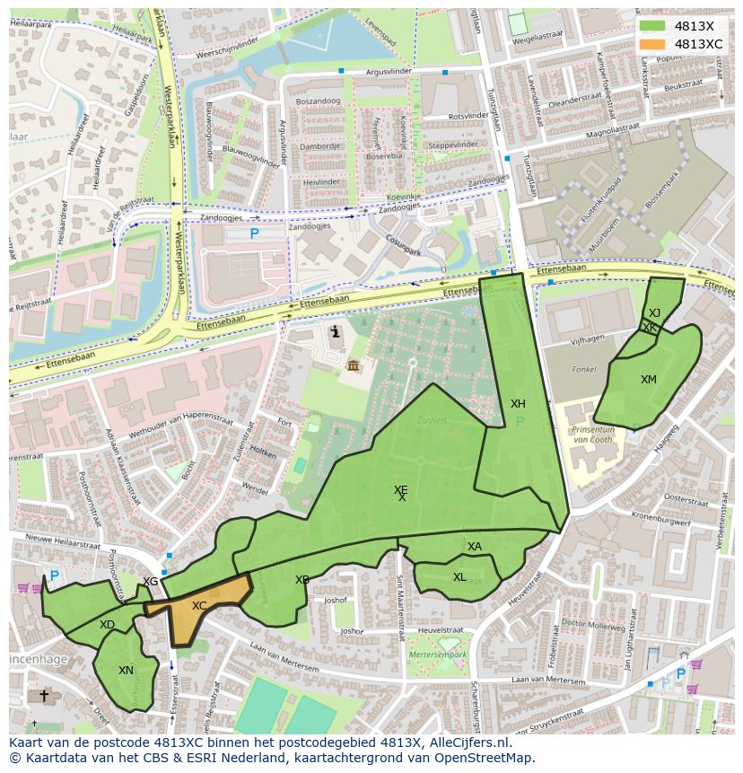 Afbeelding van het postcodegebied 4813 XC op de kaart.