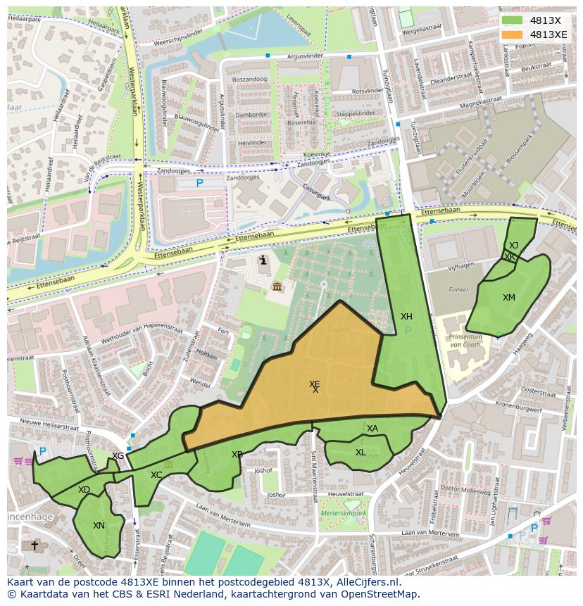 Afbeelding van het postcodegebied 4813 XE op de kaart.