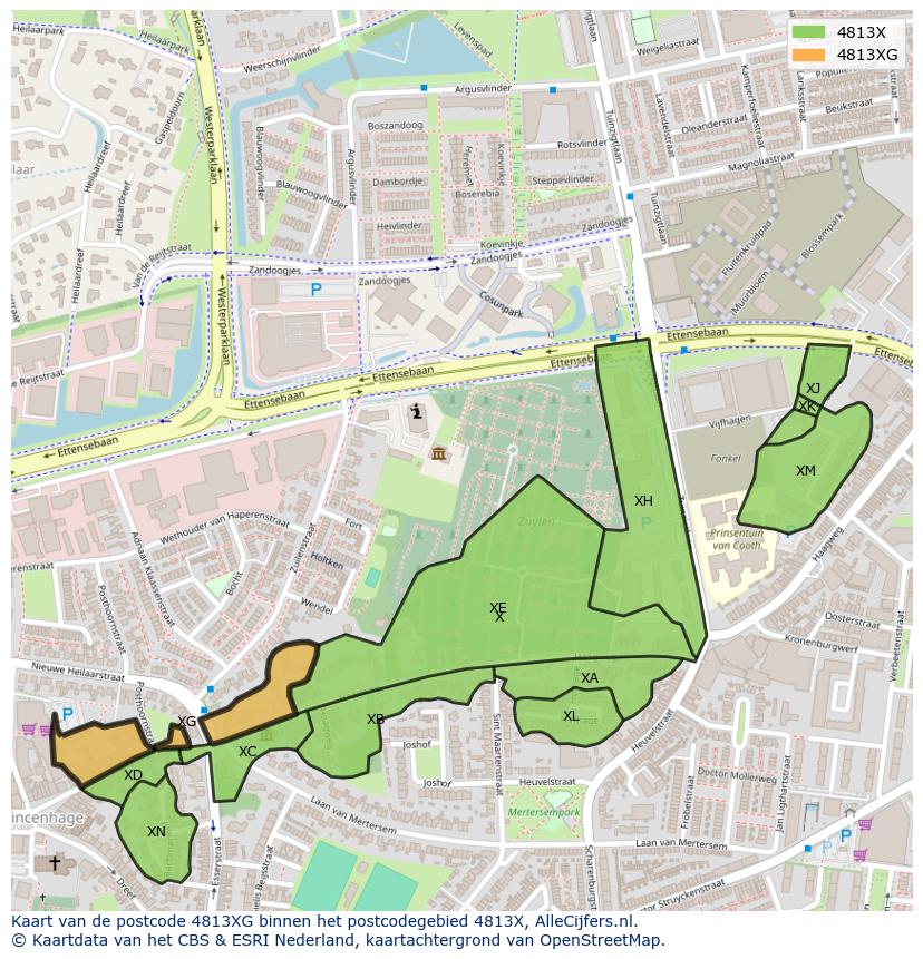 Afbeelding van het postcodegebied 4813 XG op de kaart.