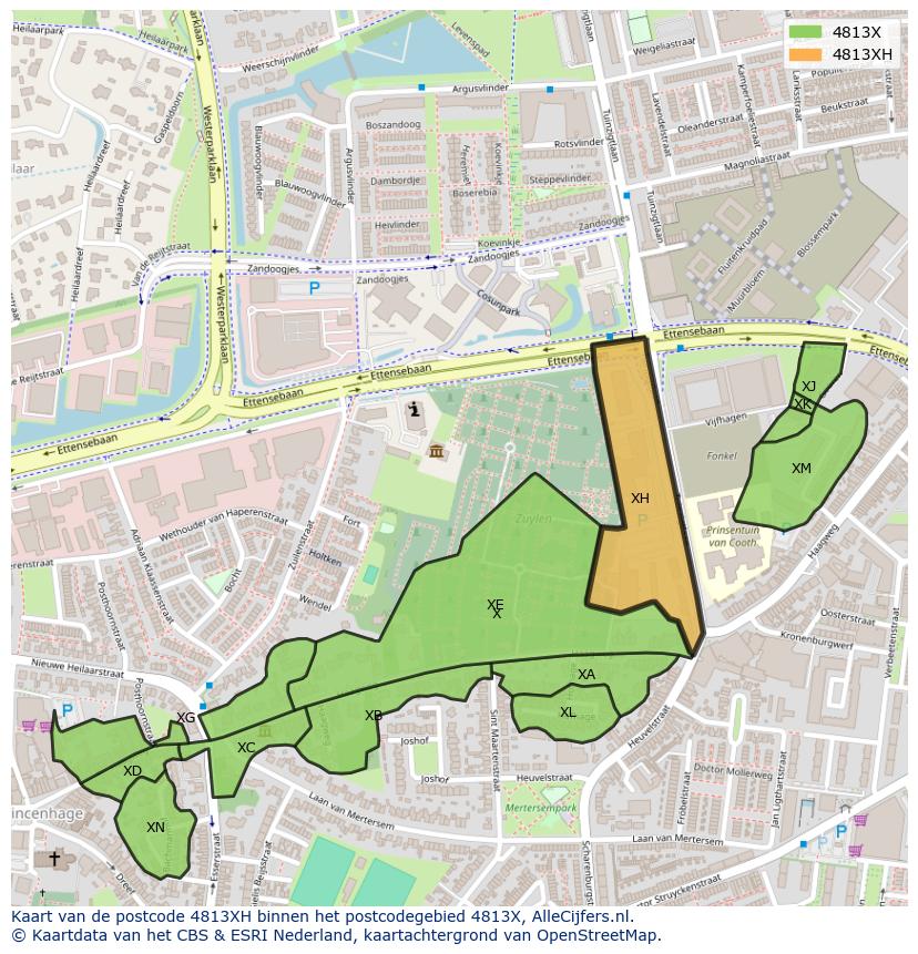 Afbeelding van het postcodegebied 4813 XH op de kaart.