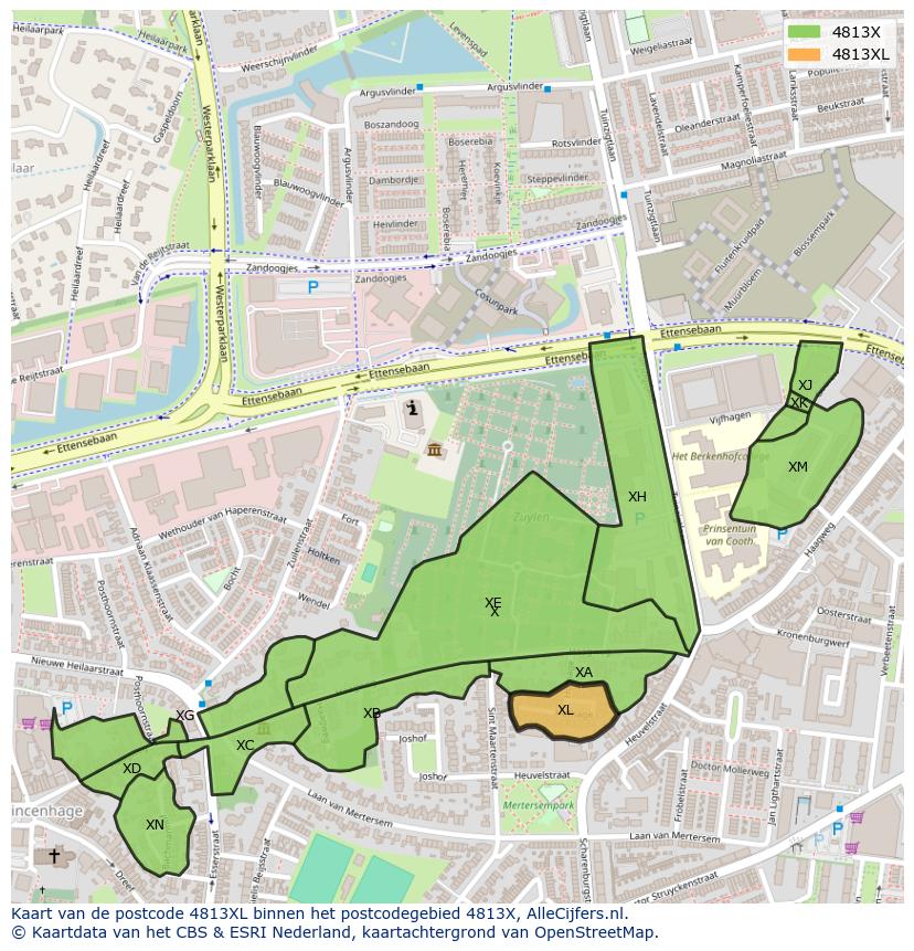 Afbeelding van het postcodegebied 4813 XL op de kaart.