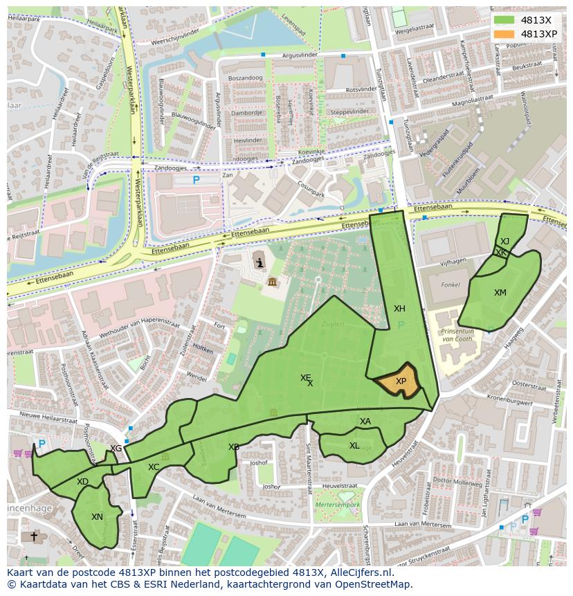 Afbeelding van het postcodegebied 4813 XP op de kaart.