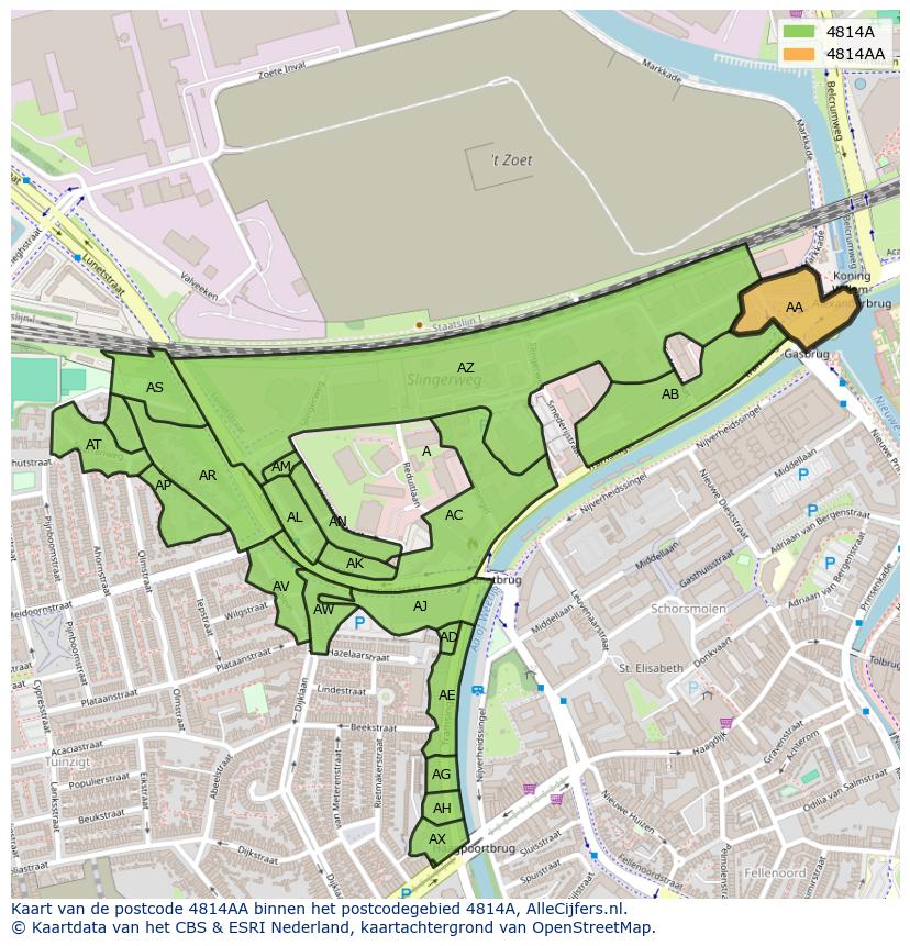Afbeelding van het postcodegebied 4814 AA op de kaart.