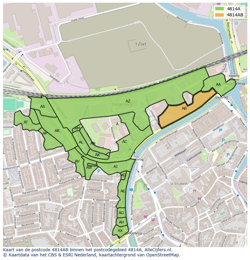 Afbeelding van het postcodegebied 4814 AB op de kaart.