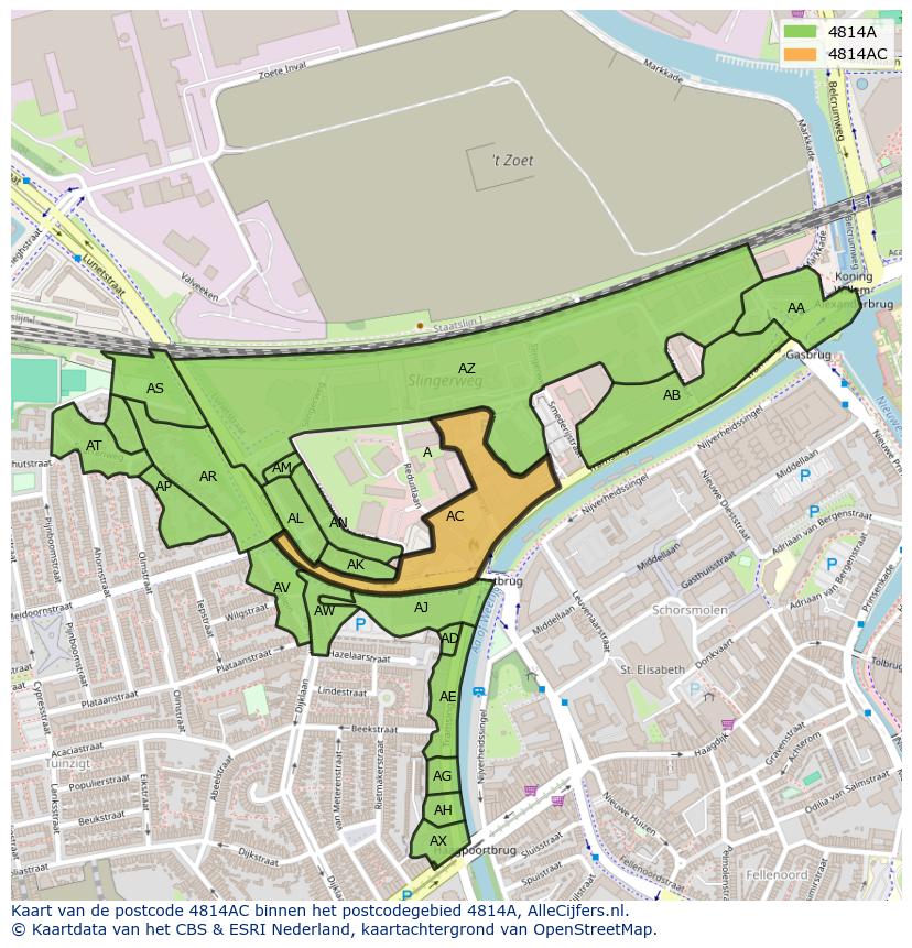 Afbeelding van het postcodegebied 4814 AC op de kaart.