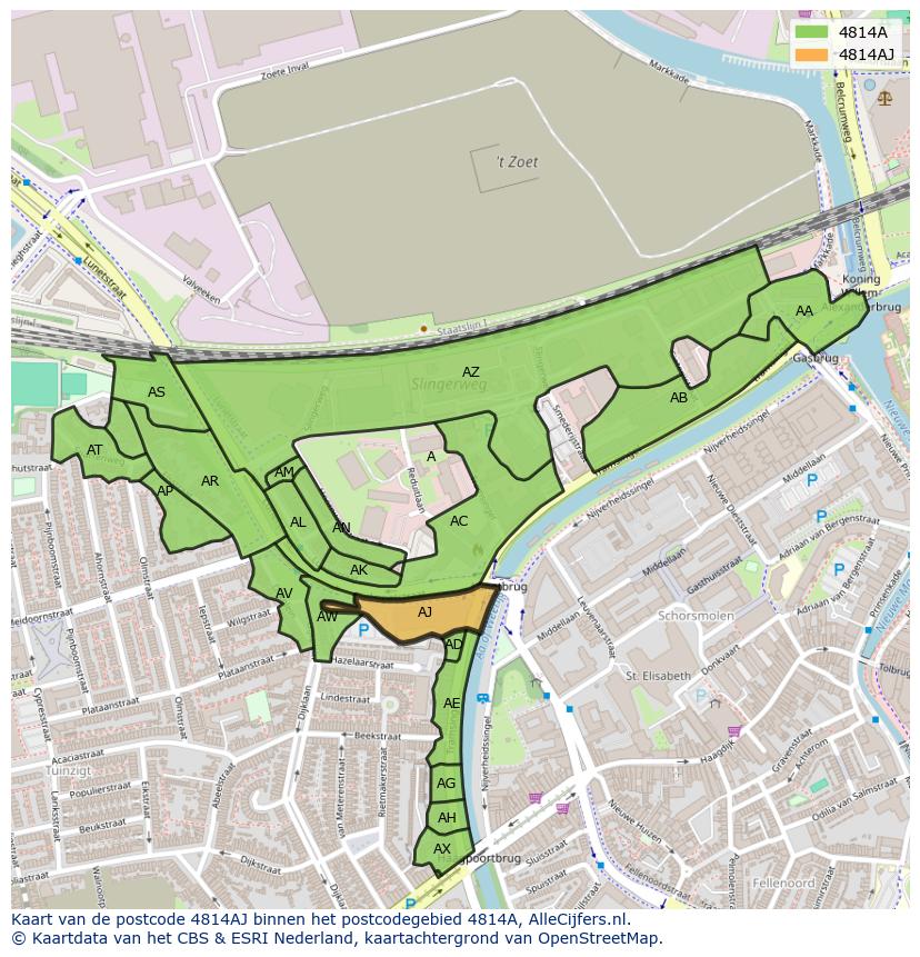 Afbeelding van het postcodegebied 4814 AJ op de kaart.