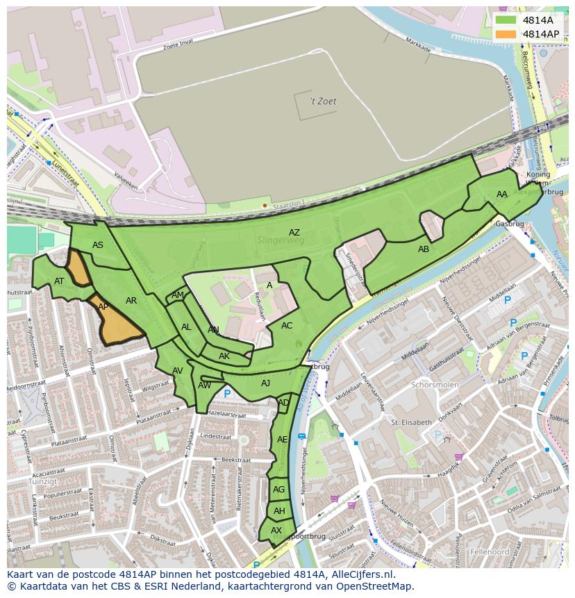 Afbeelding van het postcodegebied 4814 AP op de kaart.