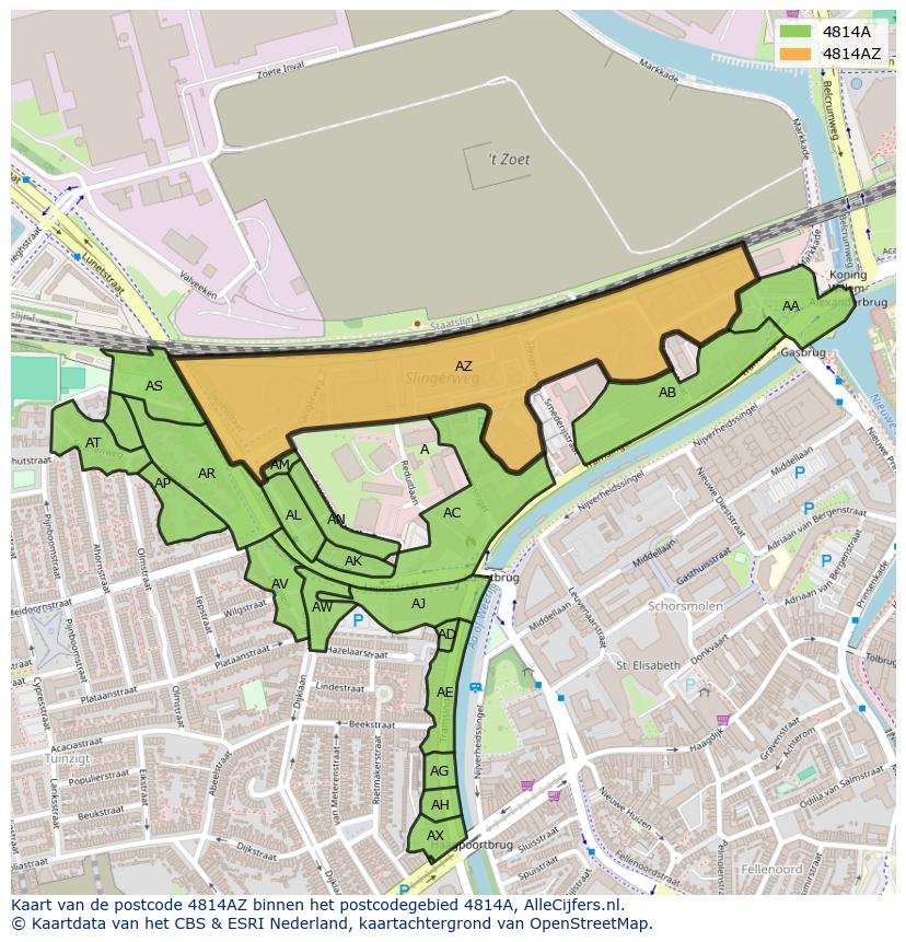 Afbeelding van het postcodegebied 4814 AZ op de kaart.