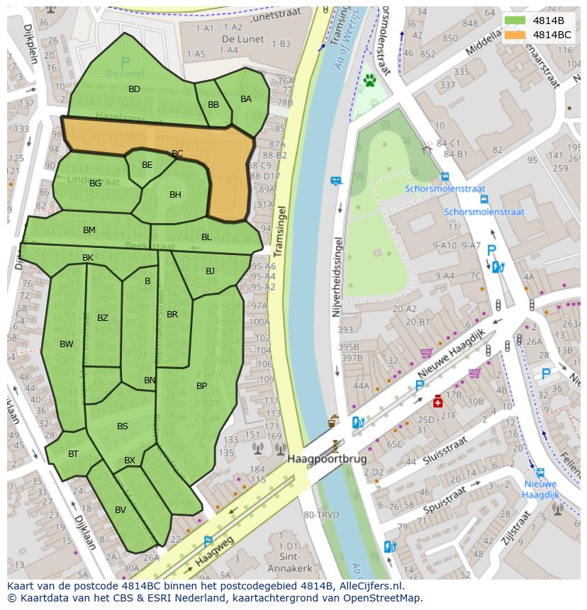 Afbeelding van het postcodegebied 4814 BC op de kaart.