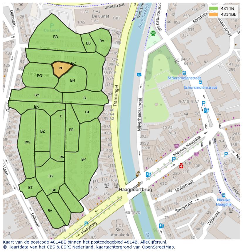Afbeelding van het postcodegebied 4814 BE op de kaart.