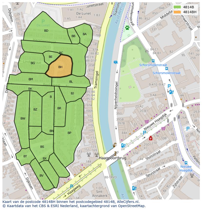Afbeelding van het postcodegebied 4814 BH op de kaart.