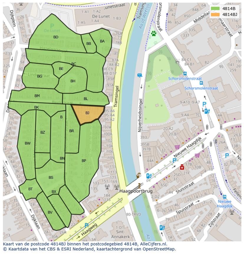Afbeelding van het postcodegebied 4814 BJ op de kaart.