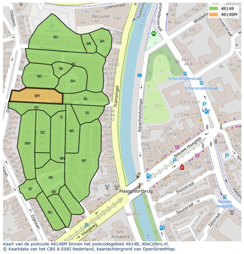 Afbeelding van het postcodegebied 4814 BM op de kaart.