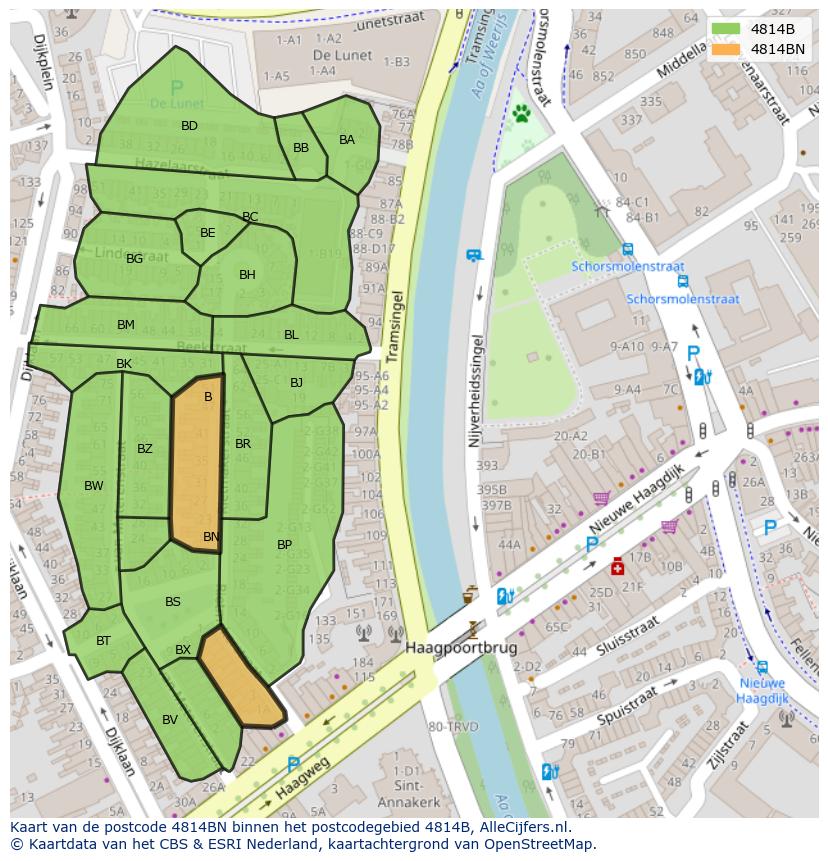 Afbeelding van het postcodegebied 4814 BN op de kaart.