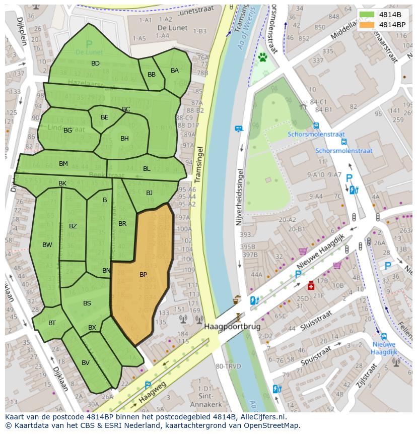 Afbeelding van het postcodegebied 4814 BP op de kaart.