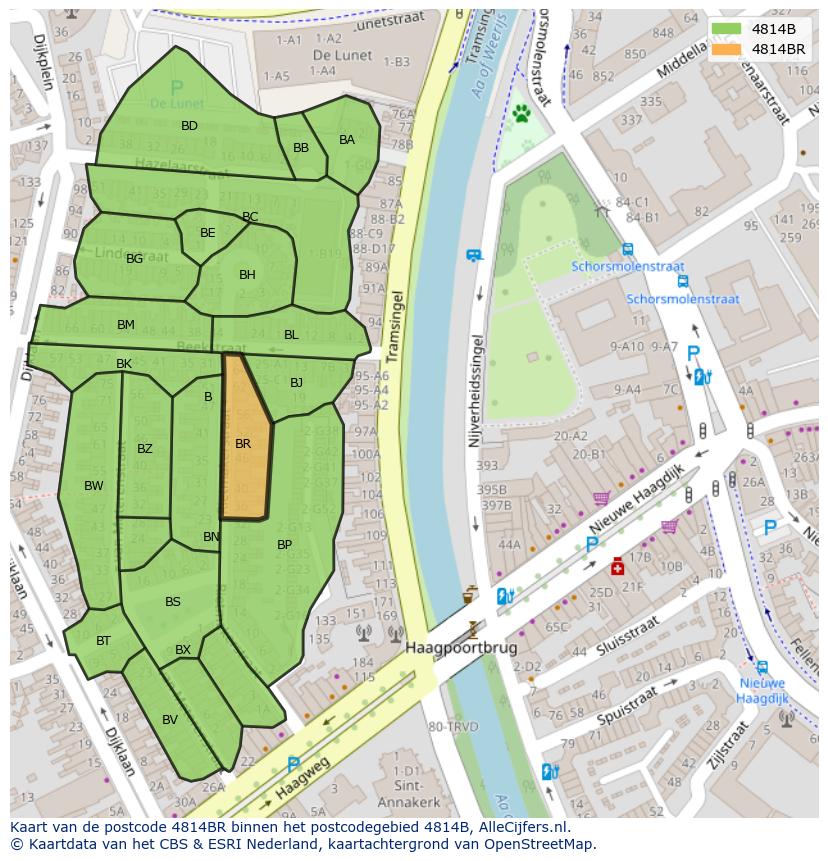 Afbeelding van het postcodegebied 4814 BR op de kaart.