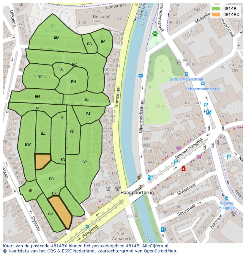Afbeelding van het postcodegebied 4814 BX op de kaart.