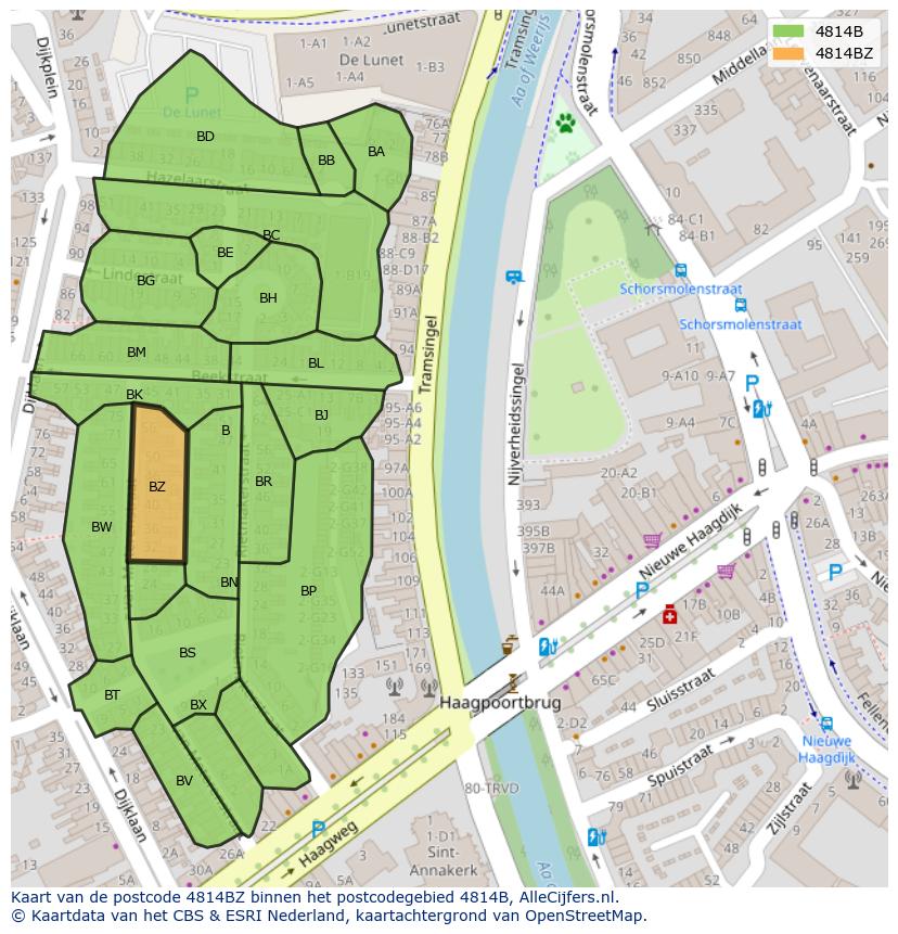 Afbeelding van het postcodegebied 4814 BZ op de kaart.