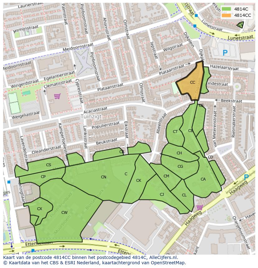 Afbeelding van het postcodegebied 4814 CC op de kaart.