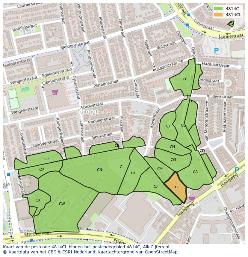 Afbeelding van het postcodegebied 4814 CL op de kaart.