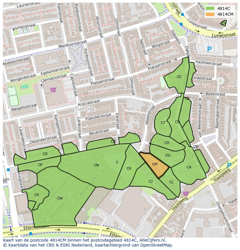 Afbeelding van het postcodegebied 4814 CM op de kaart.