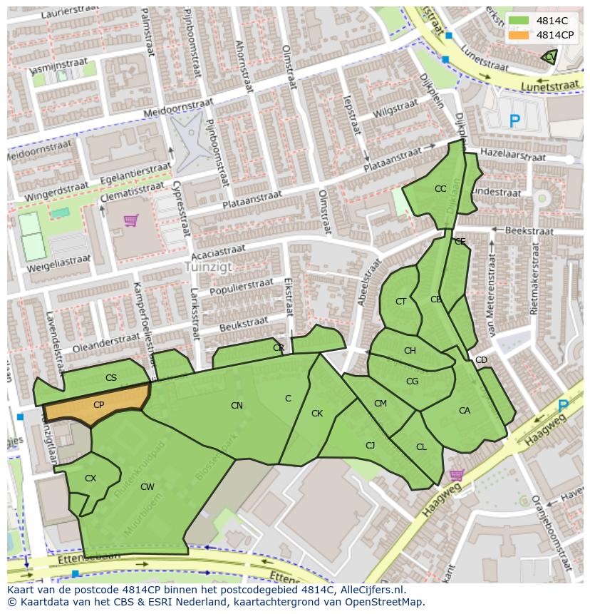Afbeelding van het postcodegebied 4814 CP op de kaart.