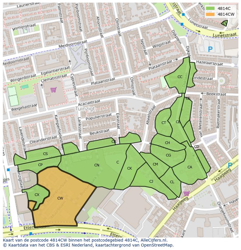 Afbeelding van het postcodegebied 4814 CW op de kaart.